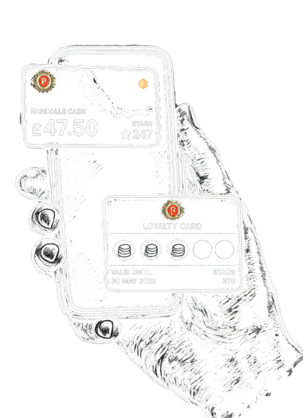 A hand holding Randalls loyalty cards showing stars and cash balance